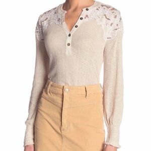 NWT FREE PEOPLE Easy Breezy Embroidery Detailed Long Sleeve Henley Size Medium